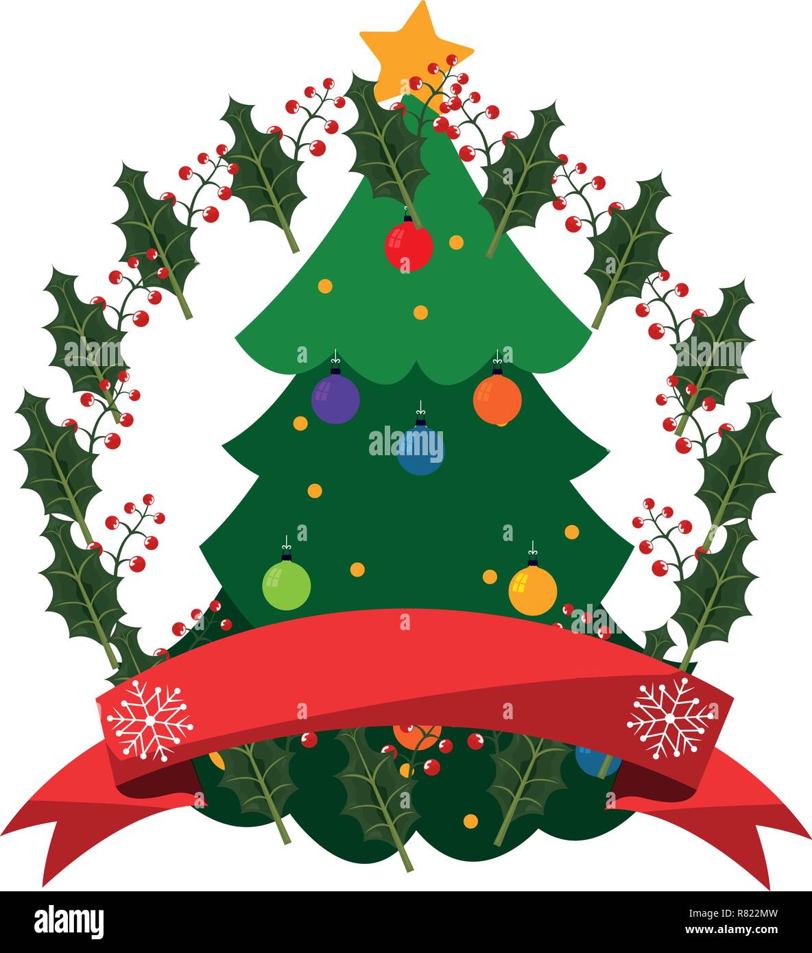 christmas tree wreath leaves ribbon vector illustration Stock Vector ...