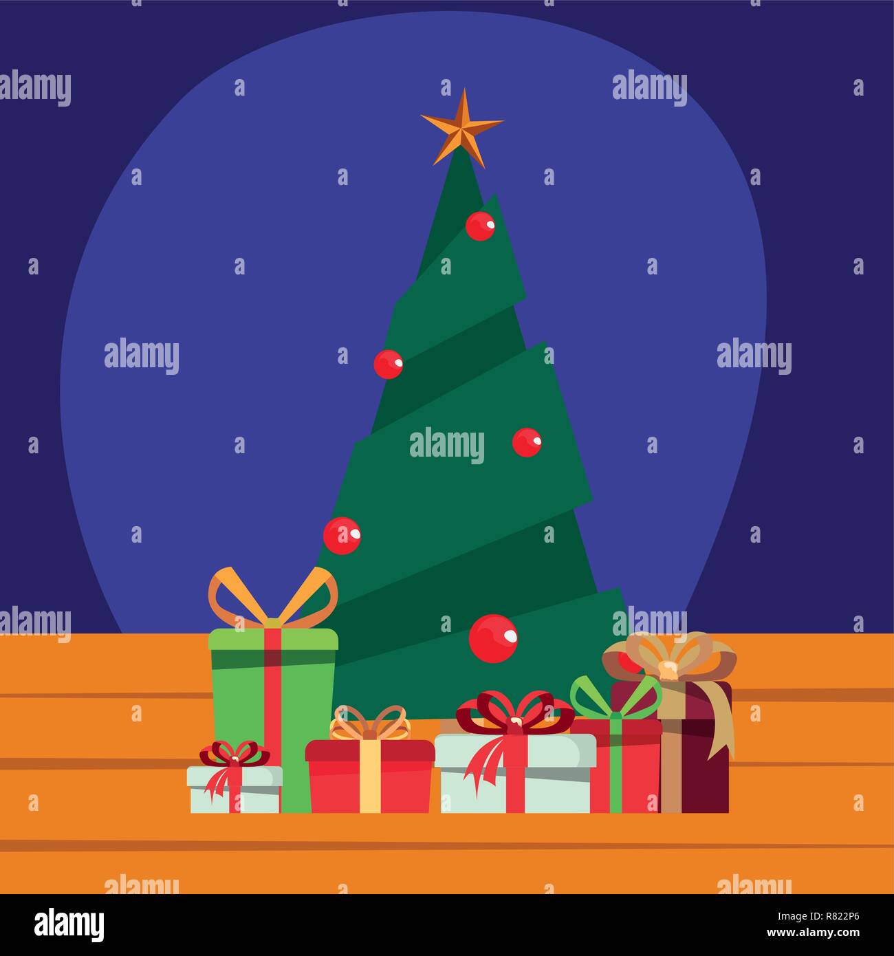 christmas tree gift boxes wooden background vector illustration Stock ...