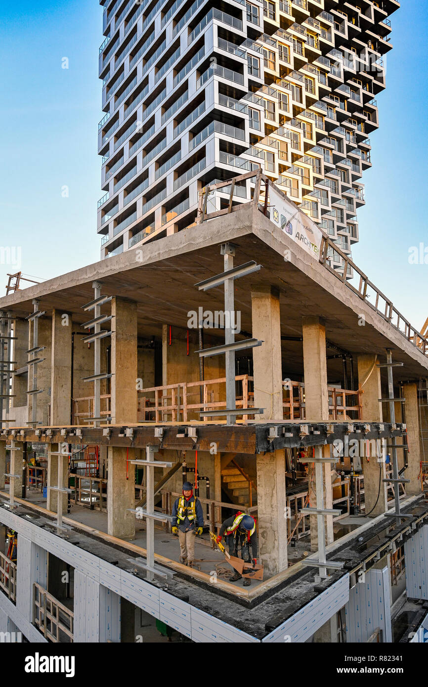 Building construction, Vancouver House,  Bjarke Ingels Group architects, Vancouver, British Columbia, Canada. Stock Photo