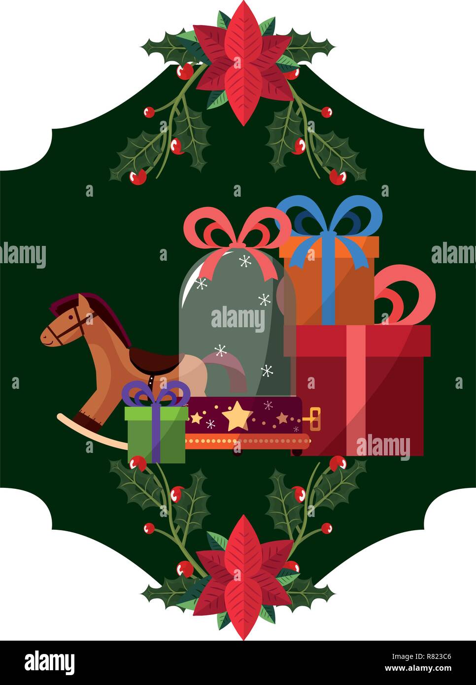 christmas horse gifts and snow globe label vector illustration Stock