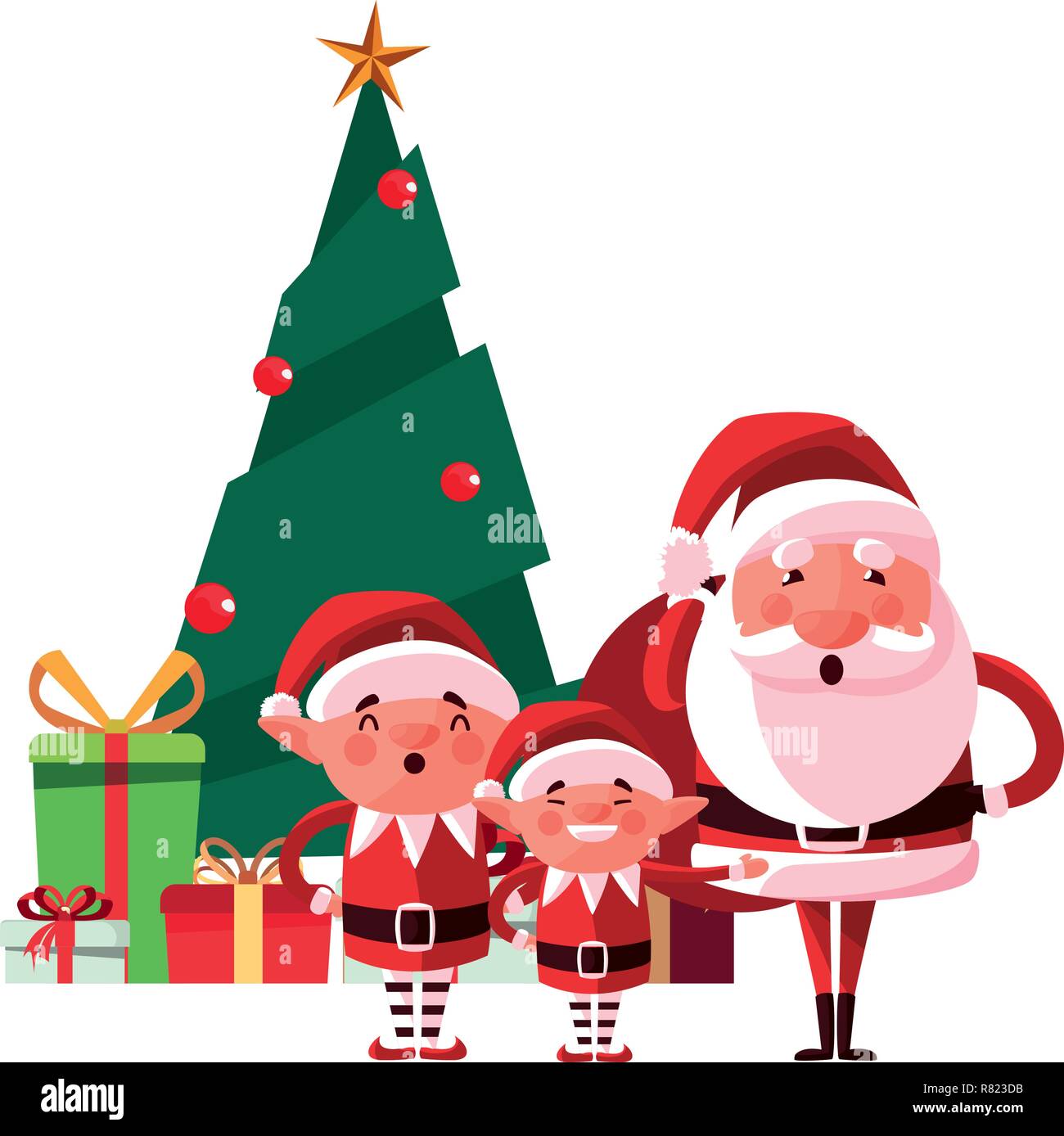 christmas santa claus elves and tree gift vector illustration Stock ...