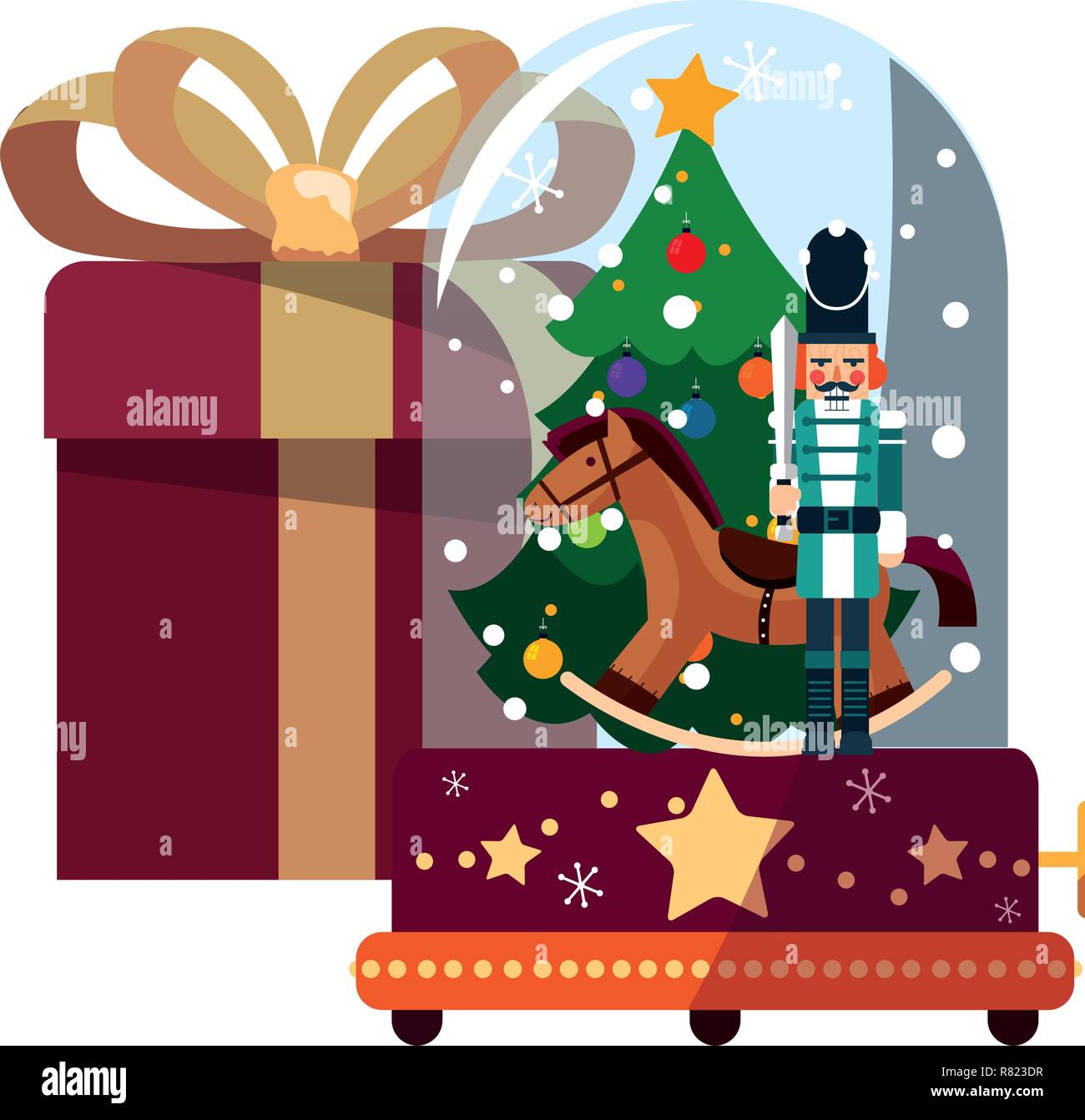 christmas nutcracker snow globe and gift vector illustration Stock