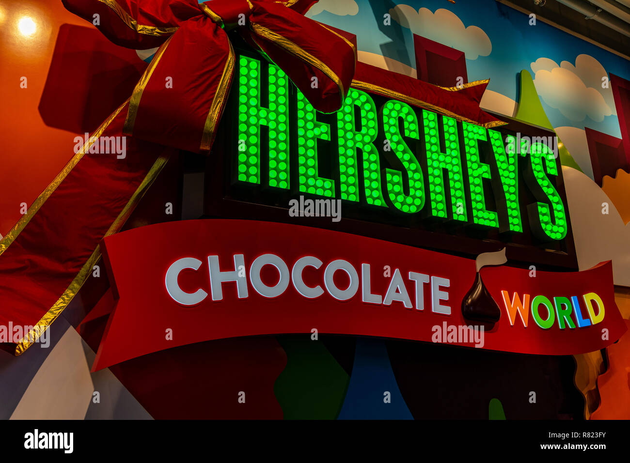 Hershey, PA, USA December 11, 2018 The Chocolate World sign in the