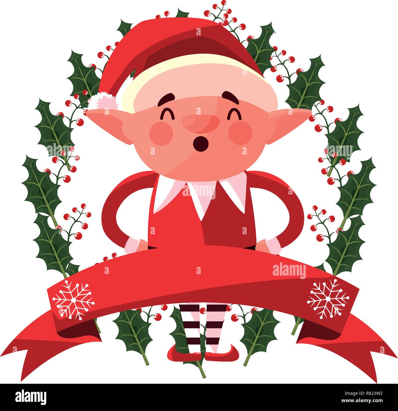 christmas elf wreath ribbon decoration vector illustration Stock Vector ...