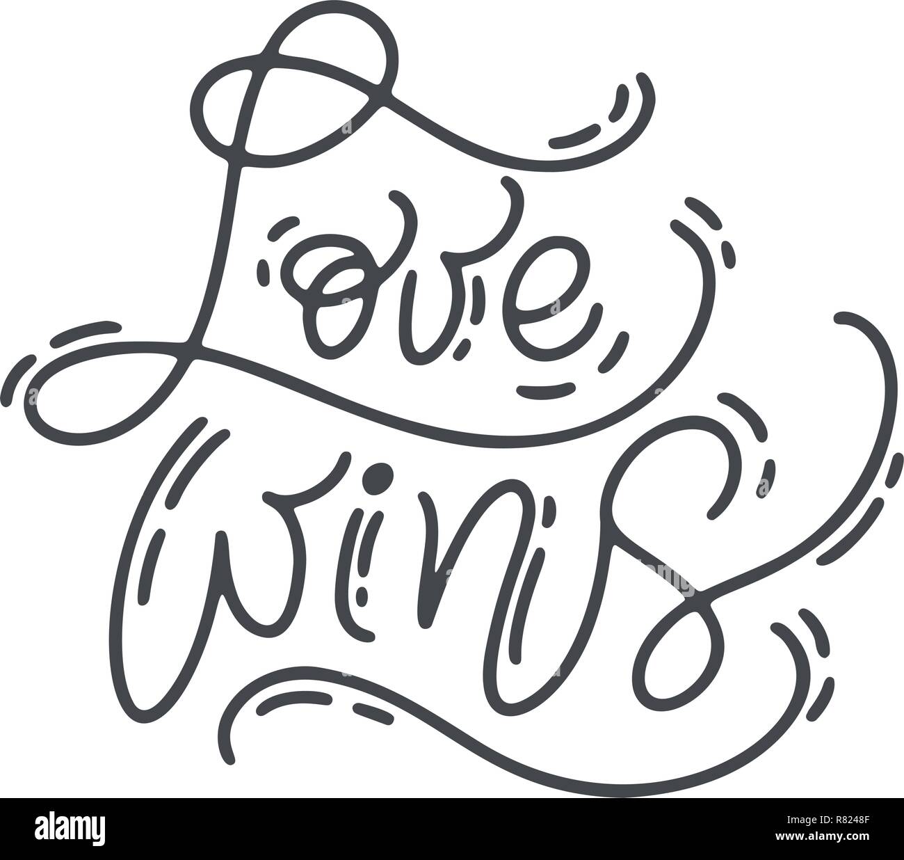 Vector monoline calligraphy phrase Love wins. Valentines Day Hand Drawn lettering. Heart Holiday sketch doodle Design valentine card. love decor for w Stock Vector