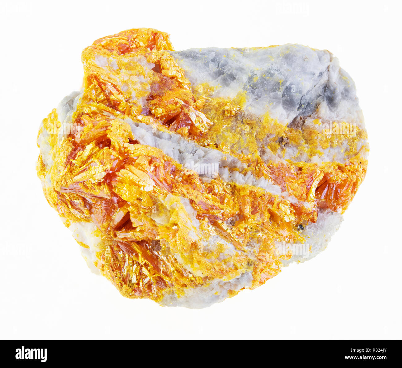 macro photography of natural mineral from geological collection - Orpiment crystals on raw dolomite stone on white background Stock Photo