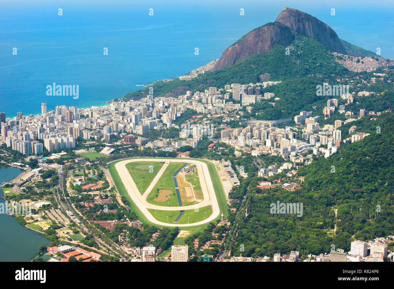 View from the Corcovado over Ipanema, Leblon and the Jockey Club, Ipanema, Leblon, Rio de Janeiro, Rio de Janeiro State, Brazil Stock Photo