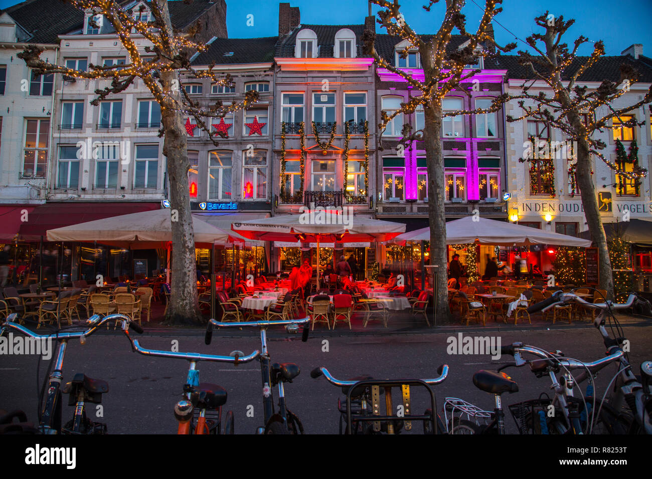 Pub mile with heated terraces, on Vrijthof Square in the historic town centre, Maastricht, Limburg, The Netherlands Stock Photo