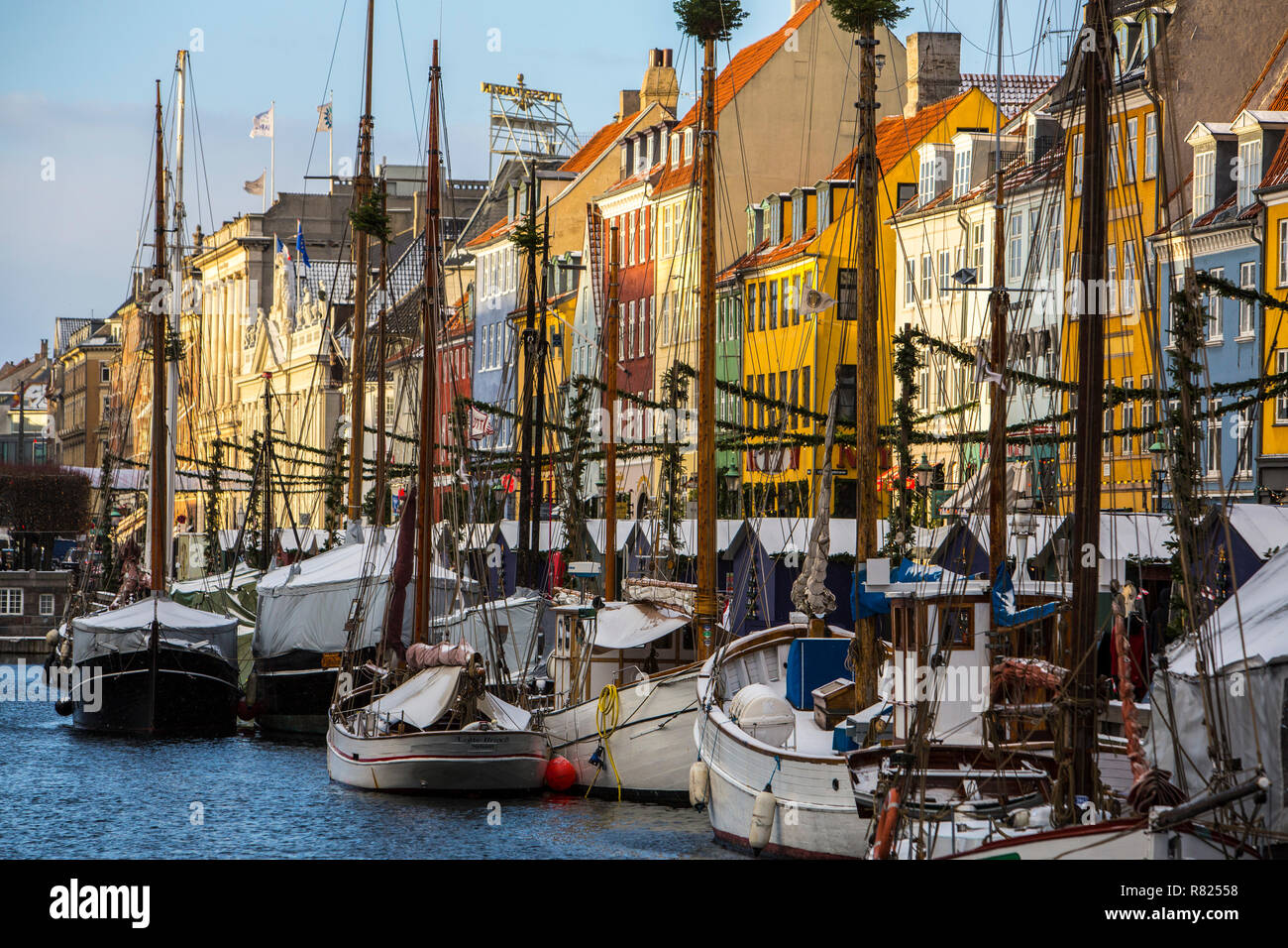 Sailing boats in Nyhavn, Altstadt, Innenstadt, Nyhavn, Copenhagen, Capital Region of Denmark, Denmark Stock Photo