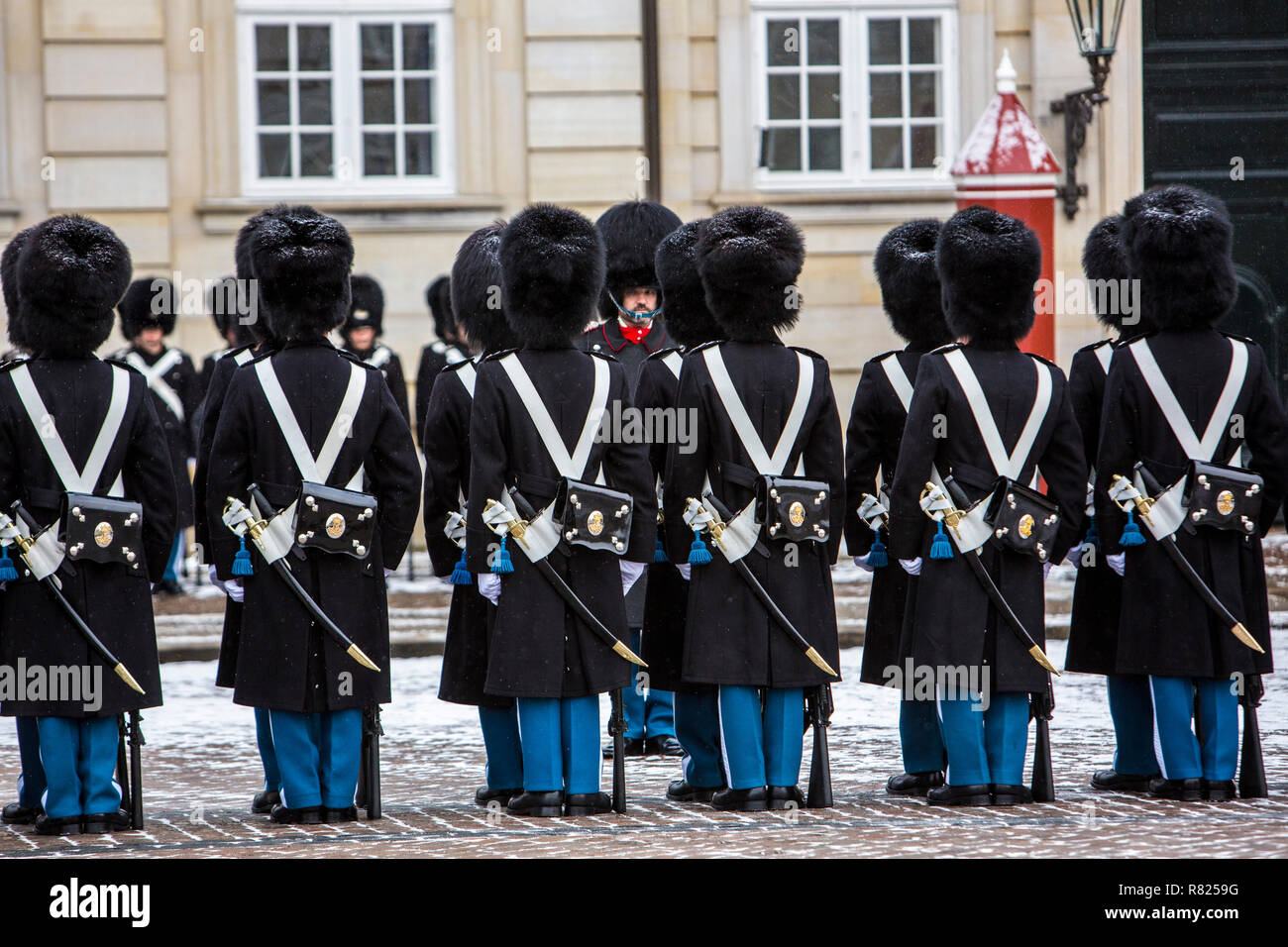 Changing of the guard ceremony in front of the Royal Palace Amalienborg with the Royal Life Guards, Copenhagen Stock Photo