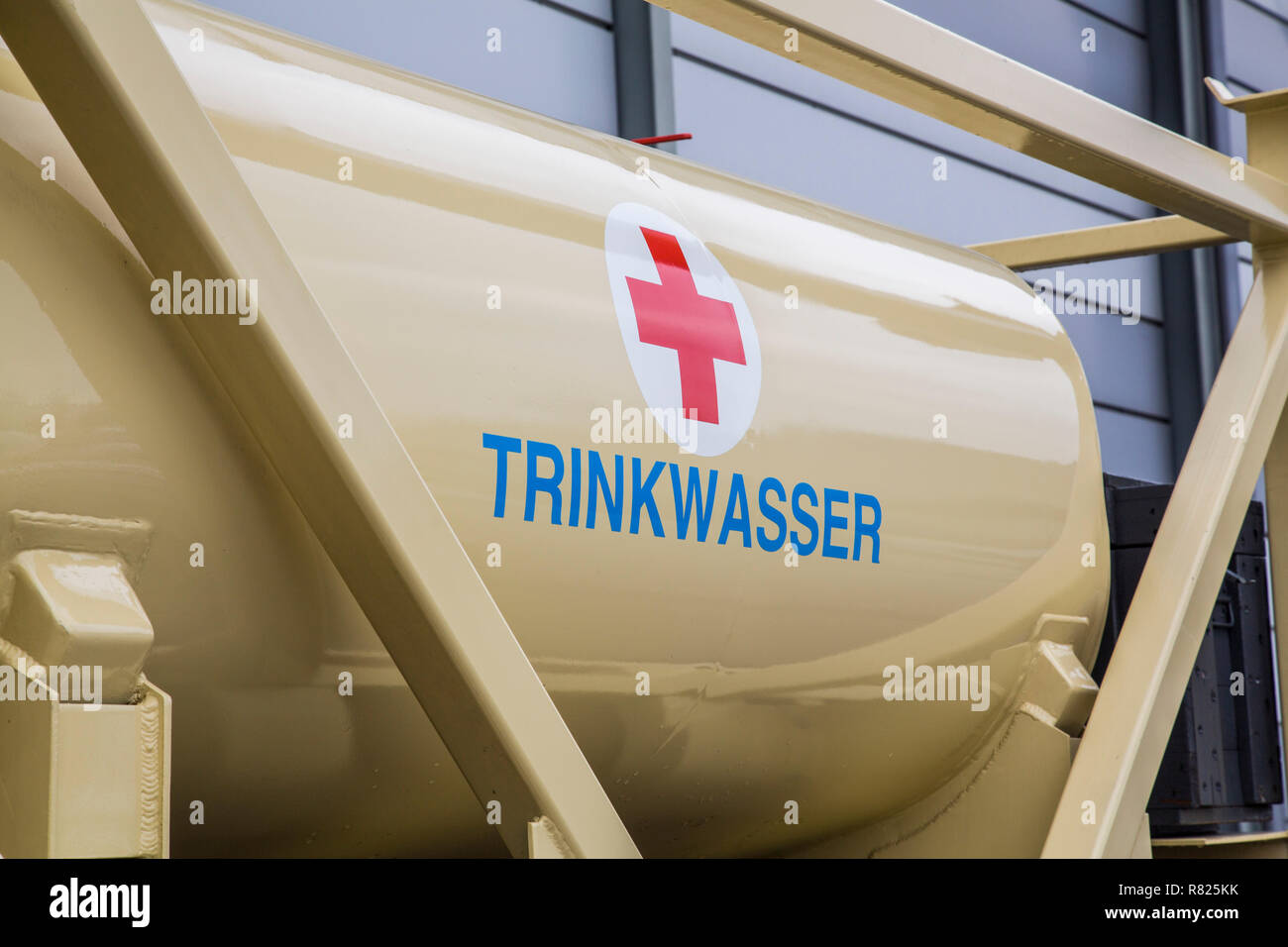 Drinking water tank of the DRK, German Red Cross, to supply the population with potable water in the event of a disaster Stock Photo