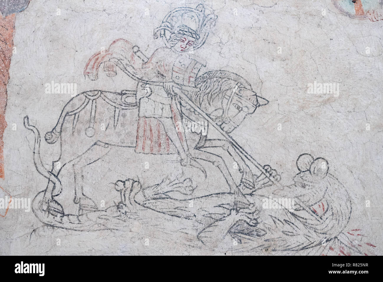 St. George with the Dragon, medieval mural painting, church of Hejdeby, diocese of Visby, island of Gotland, Sweden Stock Photo