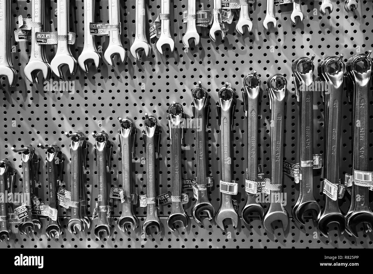 Various open-end spanners, open-end spanners, assorted on metal wall, Switzerland Stock Photo