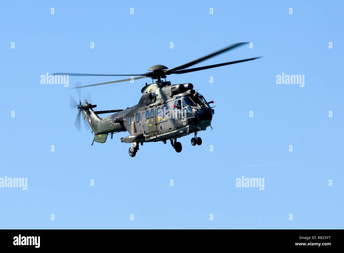 Airshow Super Puma Aérospatiale AS 332, combat helicopter, Lucerne, Switzerland Stock Photo