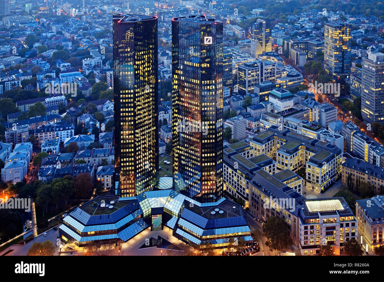 Mirrored Twin Towers Of Deutsche Bank At Dusk Group Headquarters