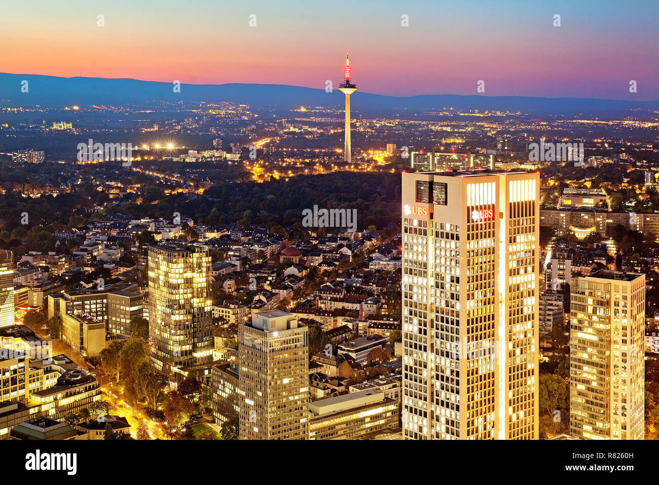 City view with television tower at dusk, seen from Main Tower, Frankfurt am Main, Hesse, Germany Stock Photo