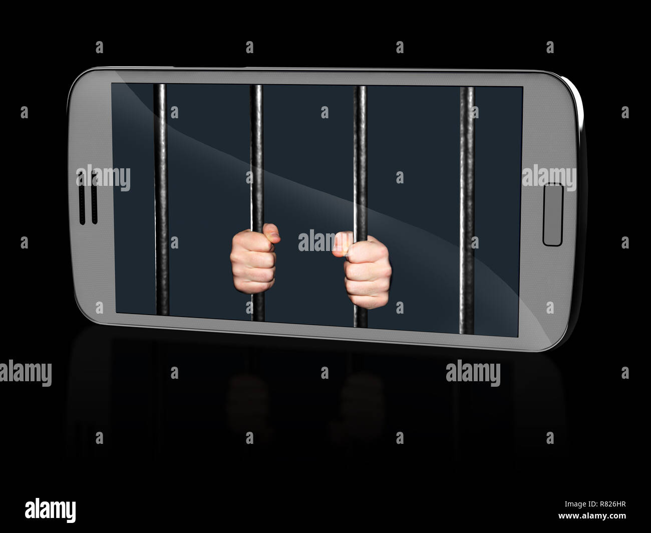 White smart phone with Hands holding Jail Bars on screen, isolated on black 3d illustration Stock Photo