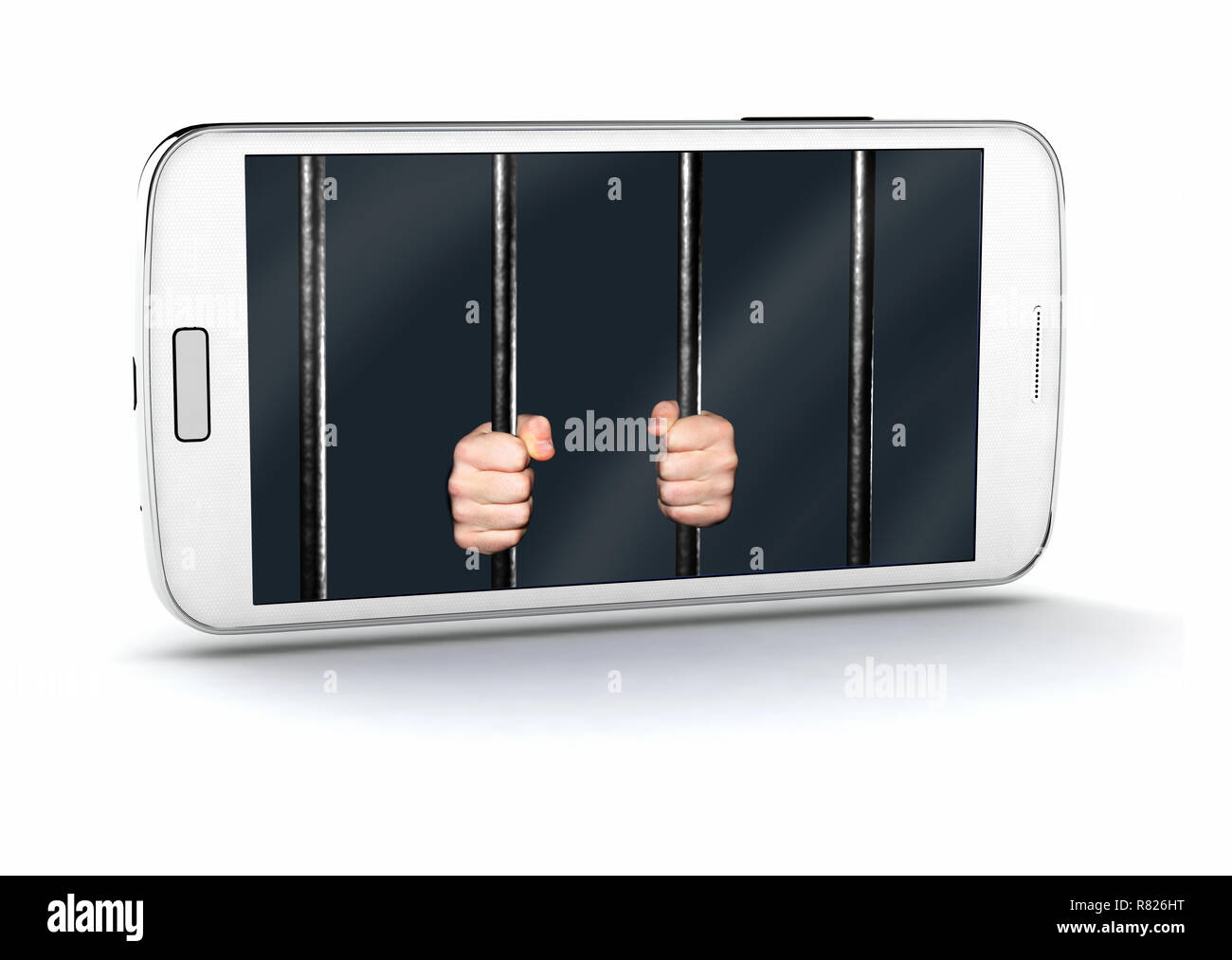 White smart phone with Hands holding Jail Bars on screen, isolated on white 3d illustration Stock Photo