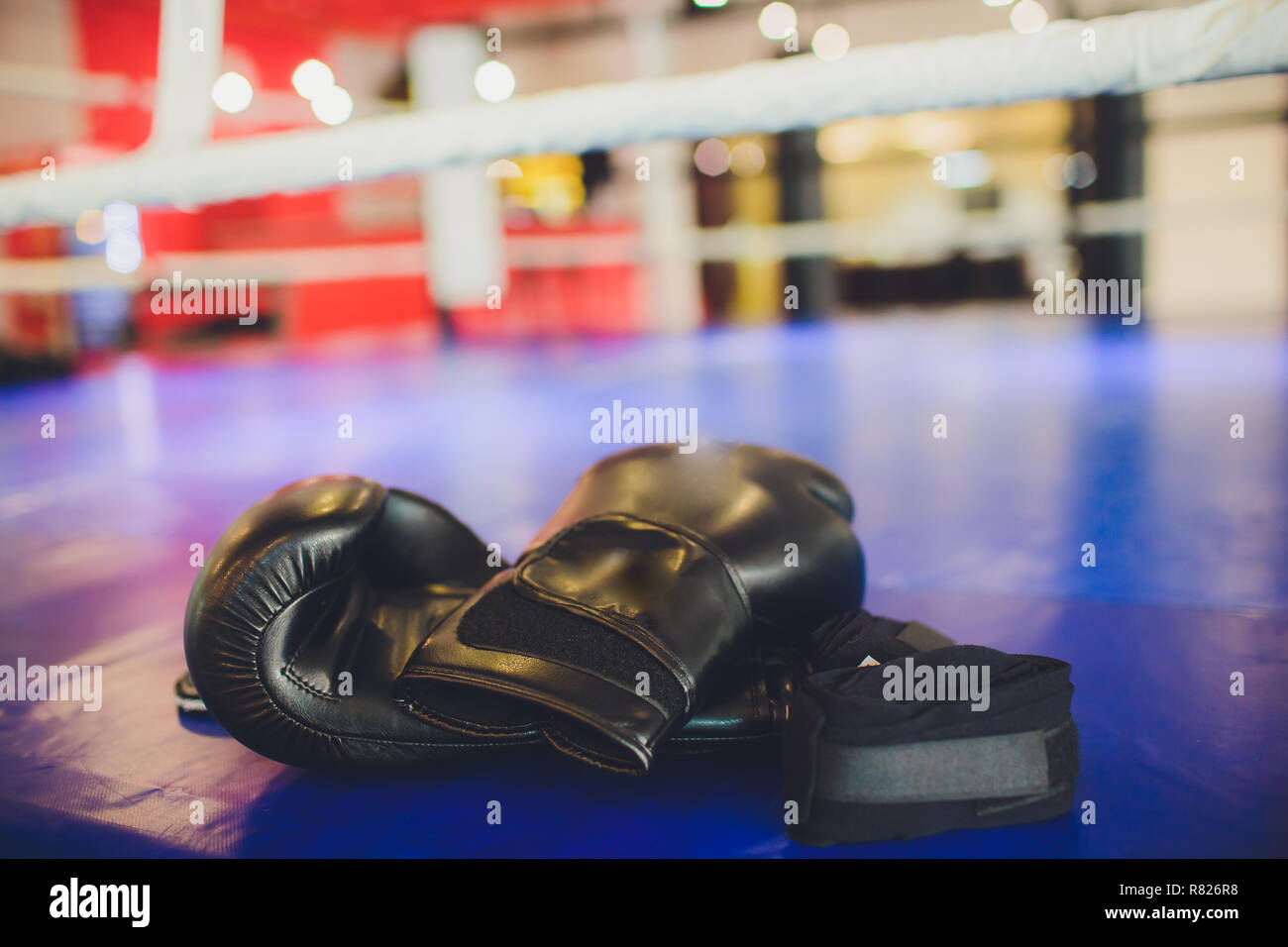 Two black Boxing gloves lie on the Boxing ring in white. The shadow of