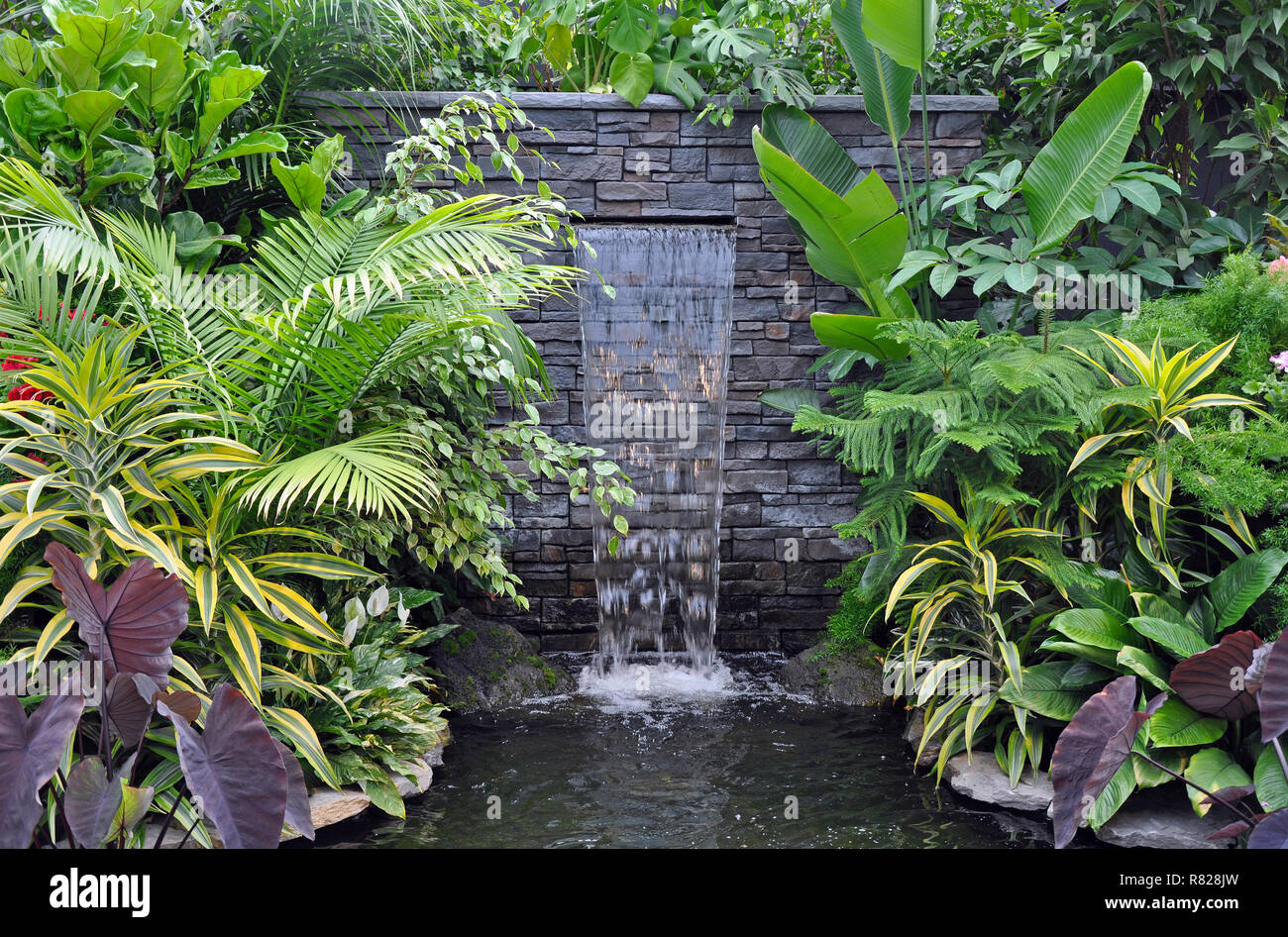 Waterfall coming out of brick wall in tropical garden setting Stock