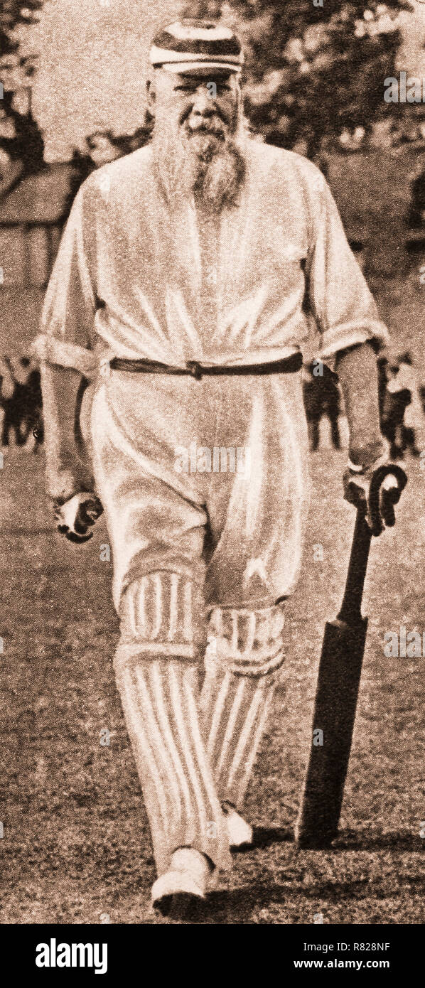 Walking out to bat, William Gilbert 'W. G.' Grace, (1848-1915) was an English amateur cricketer who was widely considered one of its greatest-ever players. He played first-class cricket for 44 seasons, from 1865 to 1908, during which he captained England. An outstanding all-rounder, he excelled at all the essential skills of batting, bowling and fielding, but it is for his batting that he is most renowned. Usually opening the innings with a mastery of strokes, his level of expertise was said by contemporary reviewers to be unique and is held to have invented modern batsmanship. Stock Photo