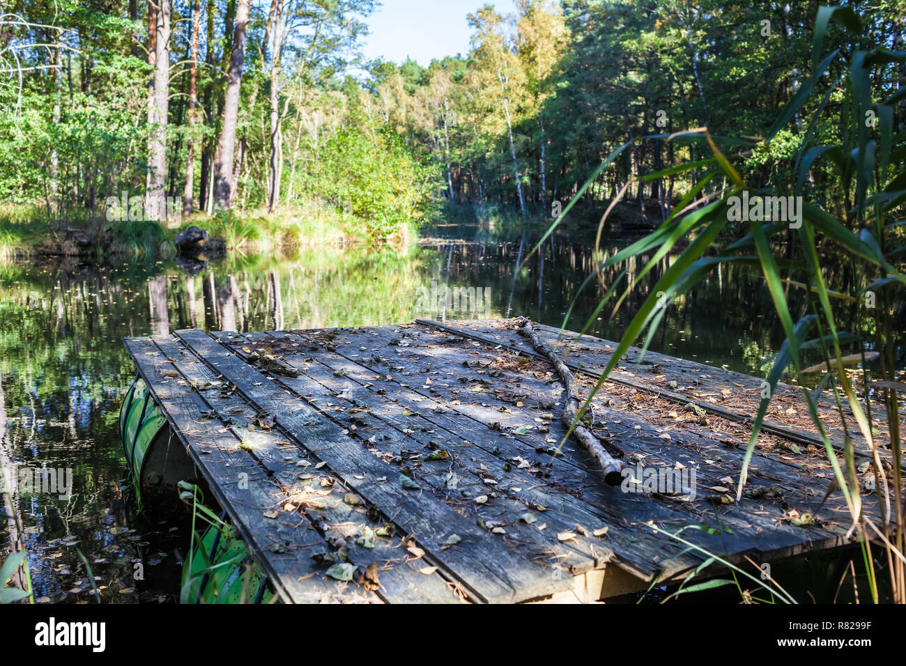 Selfmade raft built by old oil barrels and wooden planks, swimming on a small tranquil lake hidden in forest for leisure activity adventure Stock Photo