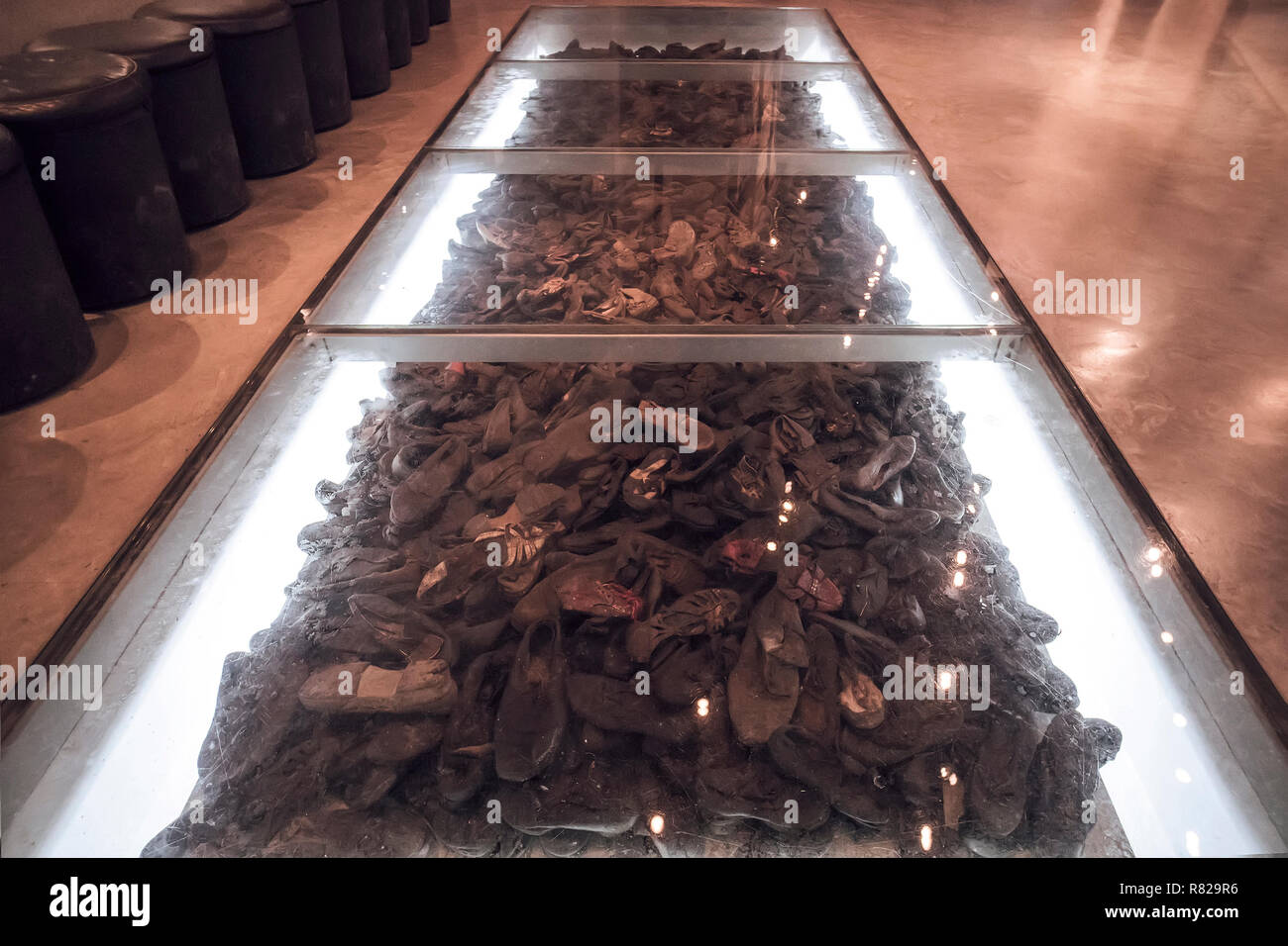 The Hall of Names in the Yad Vashem Holocaust Memorial Site in Jerusalem, Israel, some Shoe remains of the some 6 million Jews murdered during World War ll Stock Photo