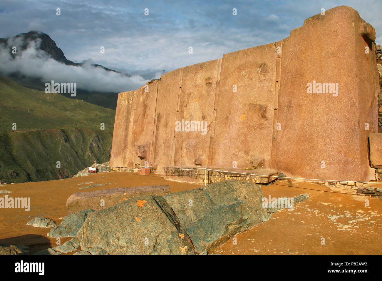 Wall of the Six Monoliths at Inca Fortress in Ollantaytambo, Peru. Ollantaytambo was the royal estate of Emperor Pachacuti who conquered the region. Stock Photo