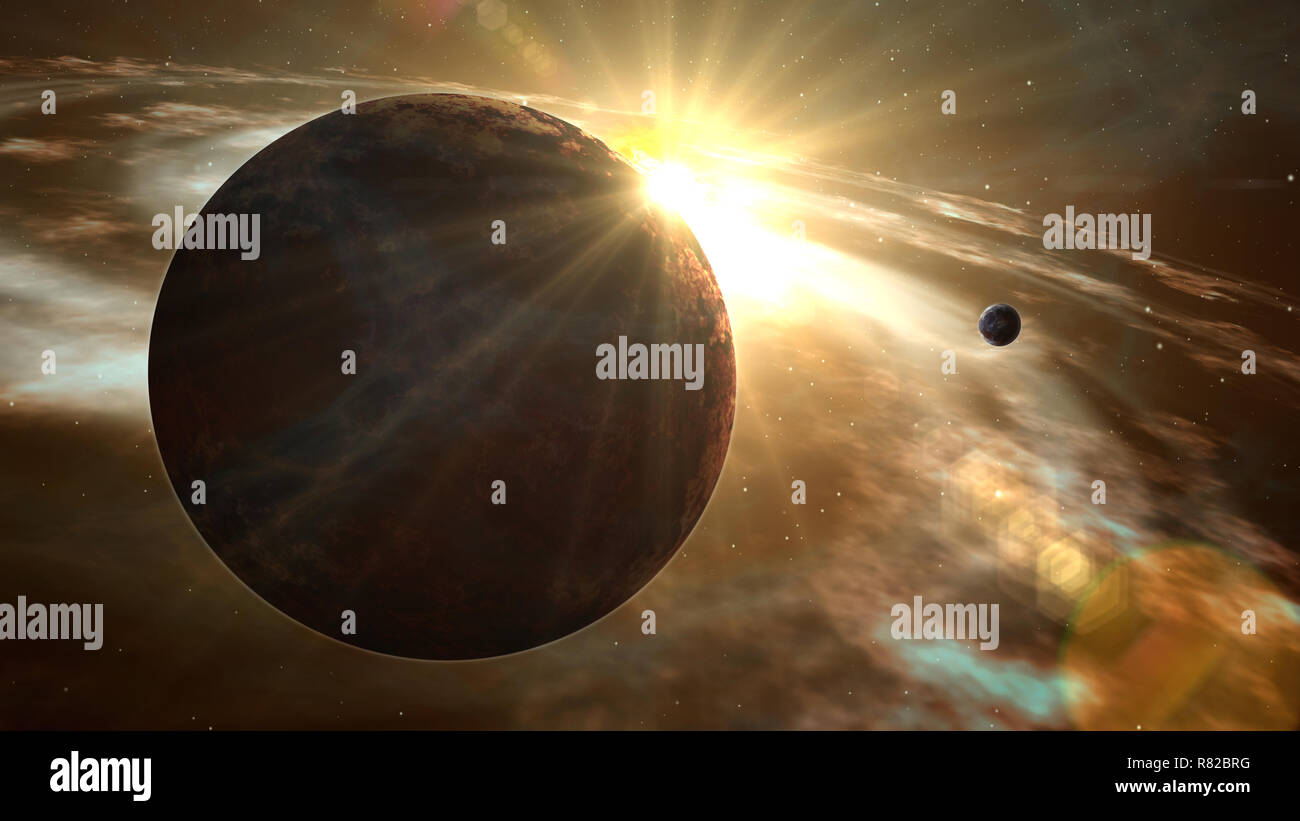 Exoplanet sunrise flare and cosmos exploration. Realistic 3D of stars, planet and nebula gas clouds in a distant galaxy. Space travel light-years from Stock Photo