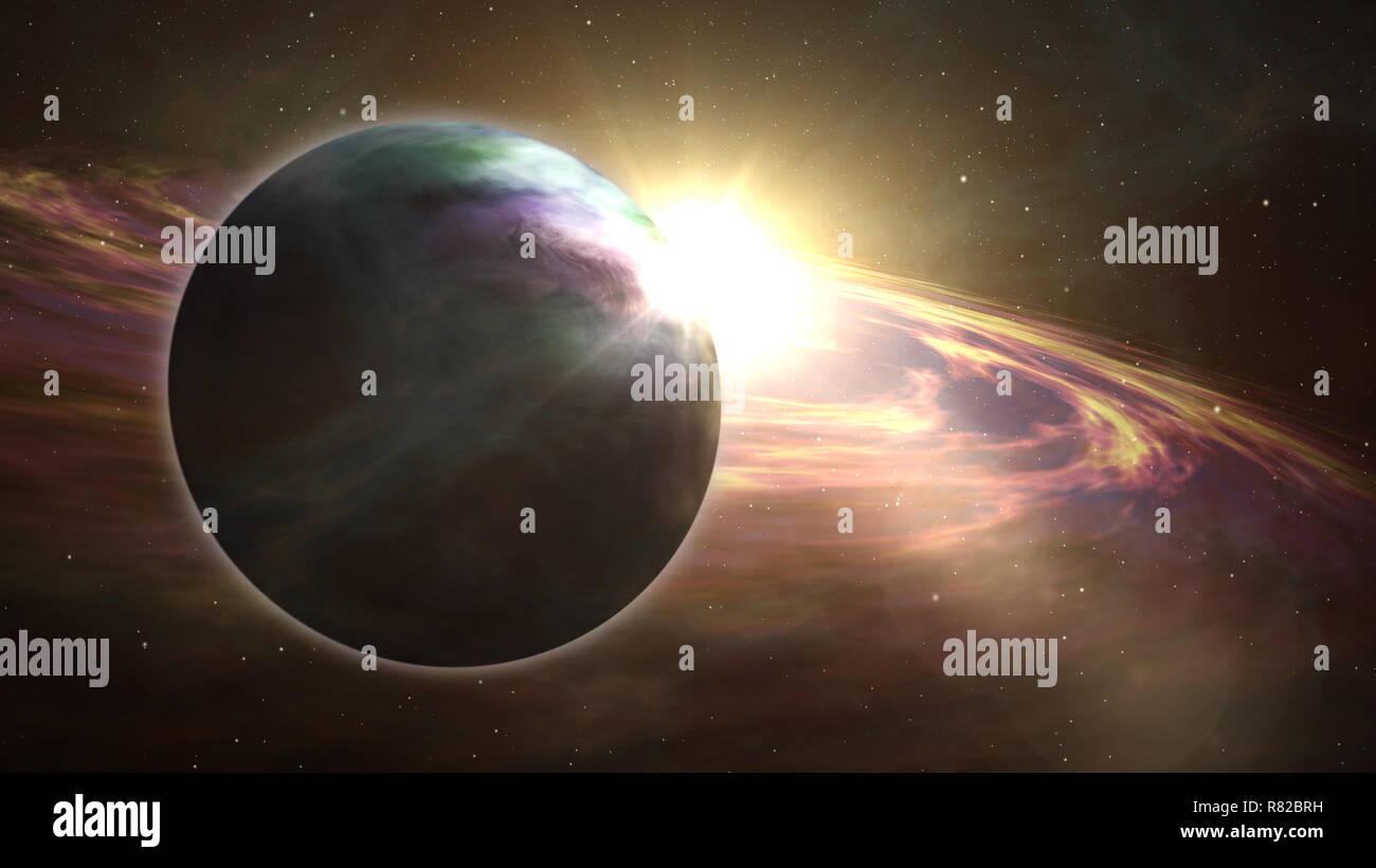 Exoplanet sunrise and cosmos exploration. Realistic 3D of stars, planet and nebula gas clouds in a distant galaxy. Space travel light-years from earth Stock Photo