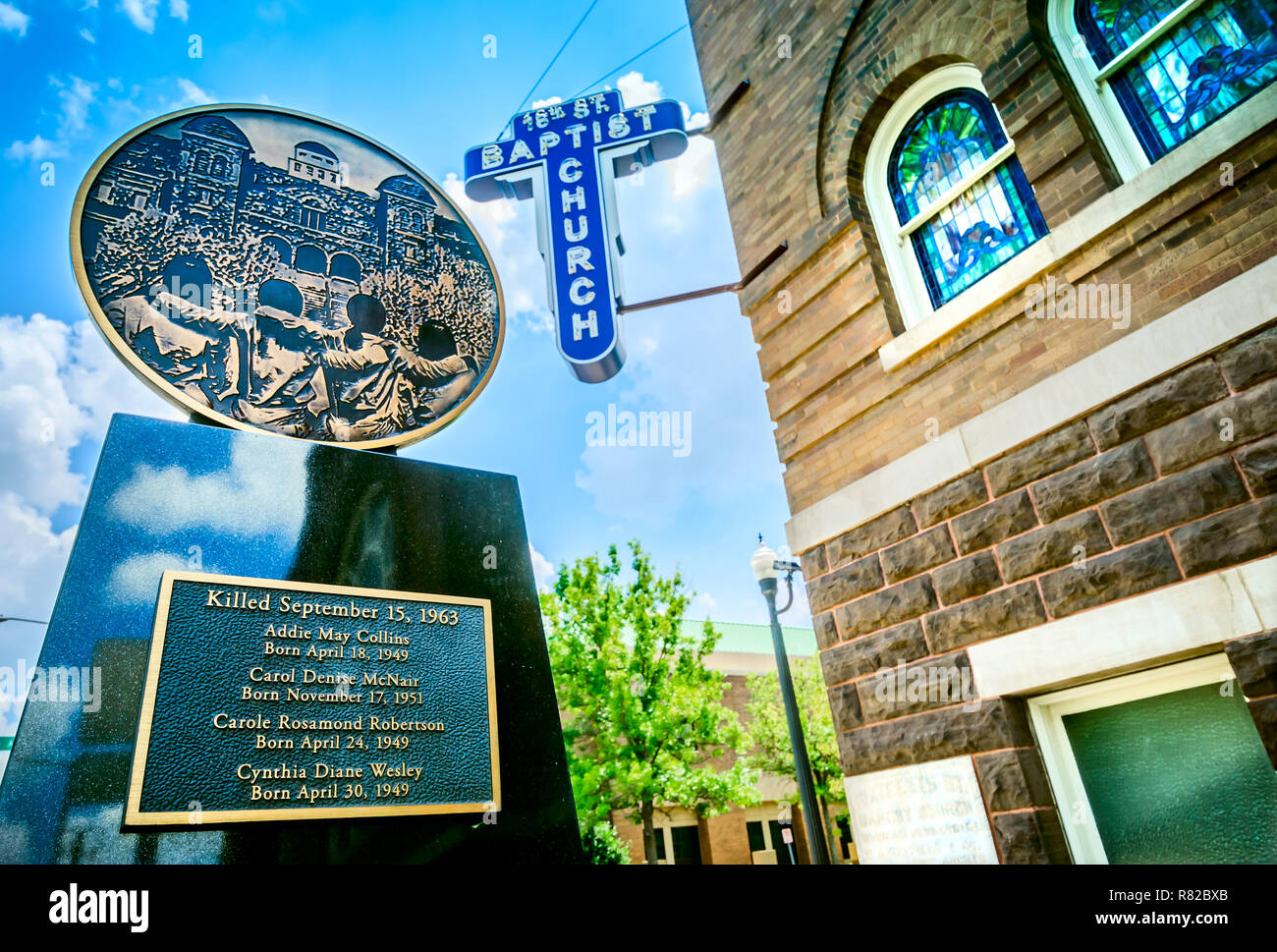 A monument commemorates the 1963 bombing of 16th St. Baptist Church and the deaths of four children, July 12, 2015, in Birmingham, Alabama. Stock Photo