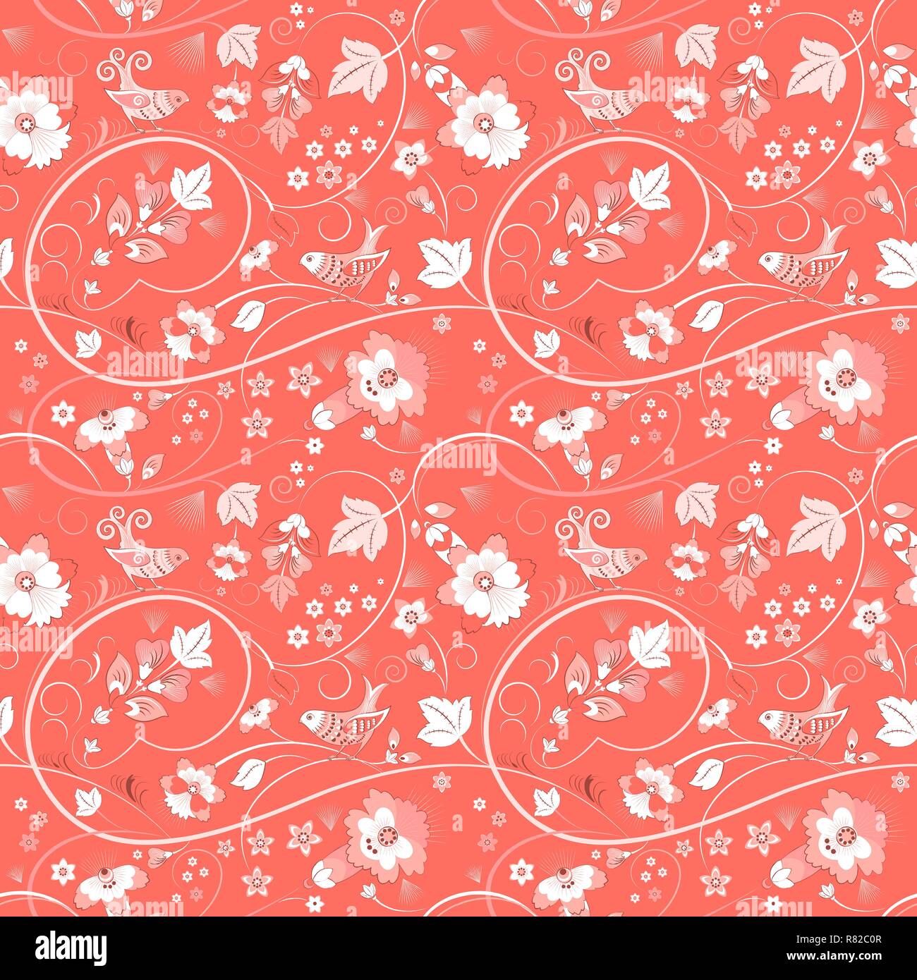 Bird seamless pattern in the living coral color Stock Vector