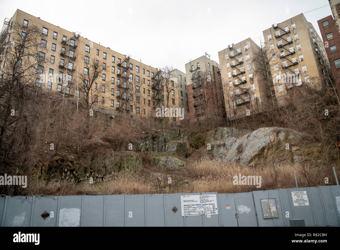 Apartment buildings high on a bluff seen from Overlook Terrace in the densely populated Washington Heights in Upper Manhattan in New York on Saturday, December 8, 2018. (Â© Richard B. Levine) Stock Photo
