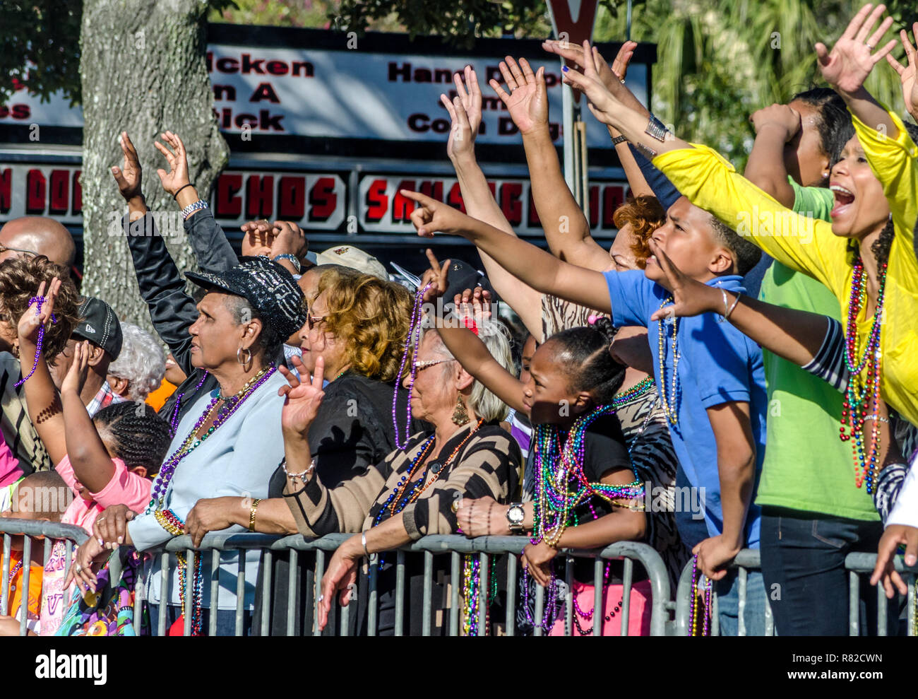 Parade goers reach for beads as a float travels down Washington Street
