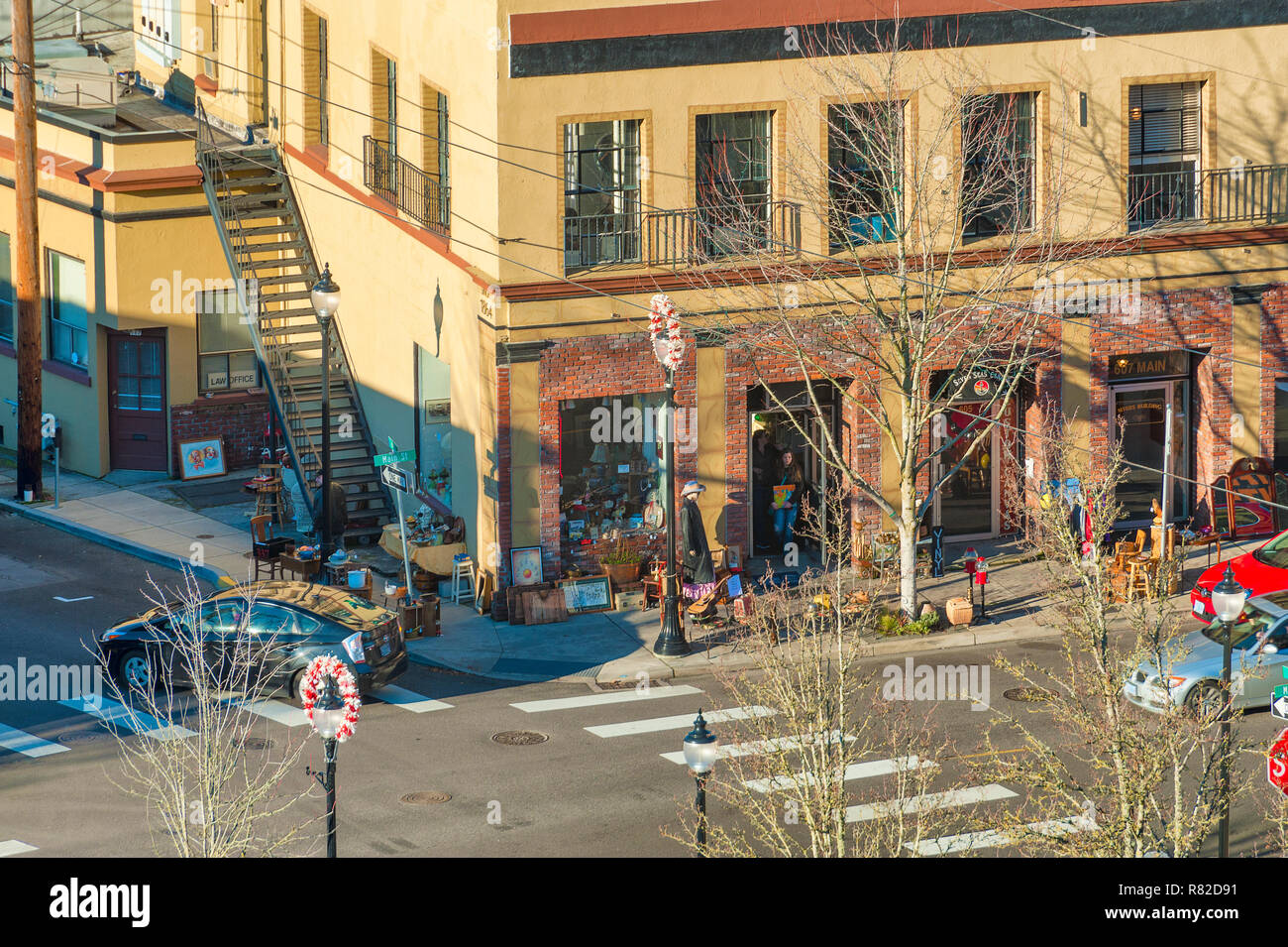Oregon City, Oregon, USA - December 30, 2015:   Looking down at city street corner from Oregon City's observation tower. Stock Photo