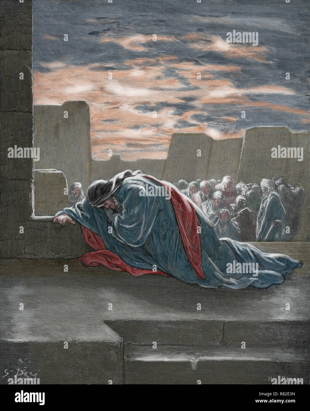 Bible. Ezra in prayer. Book of Ezra 96. Engravin by Dore. 19th century