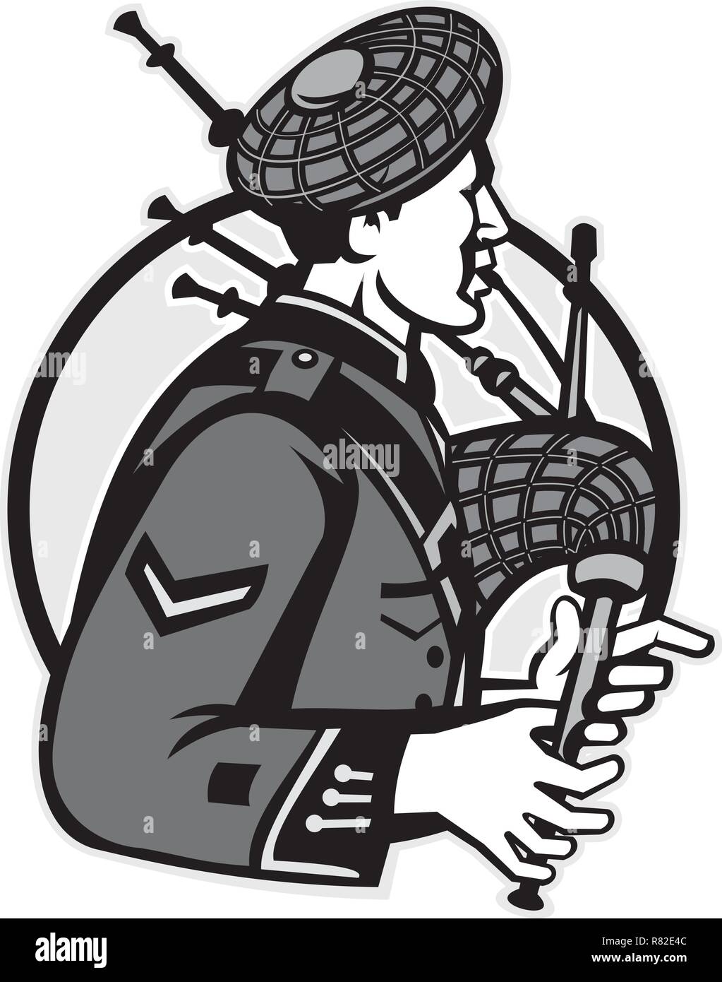 Illustration of a scotsman bagpiper playing bagpipes viewed from side