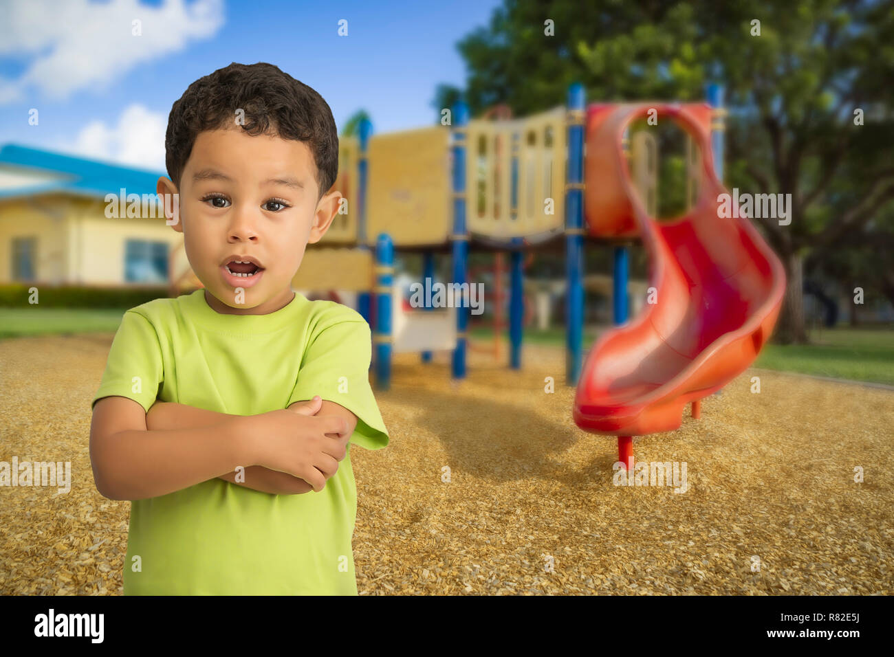 The boy in a green shirt looks at the camera debating to go on the slide. A boy with arms crossed looks at the camera on a nice day at the playground. Stock Photo