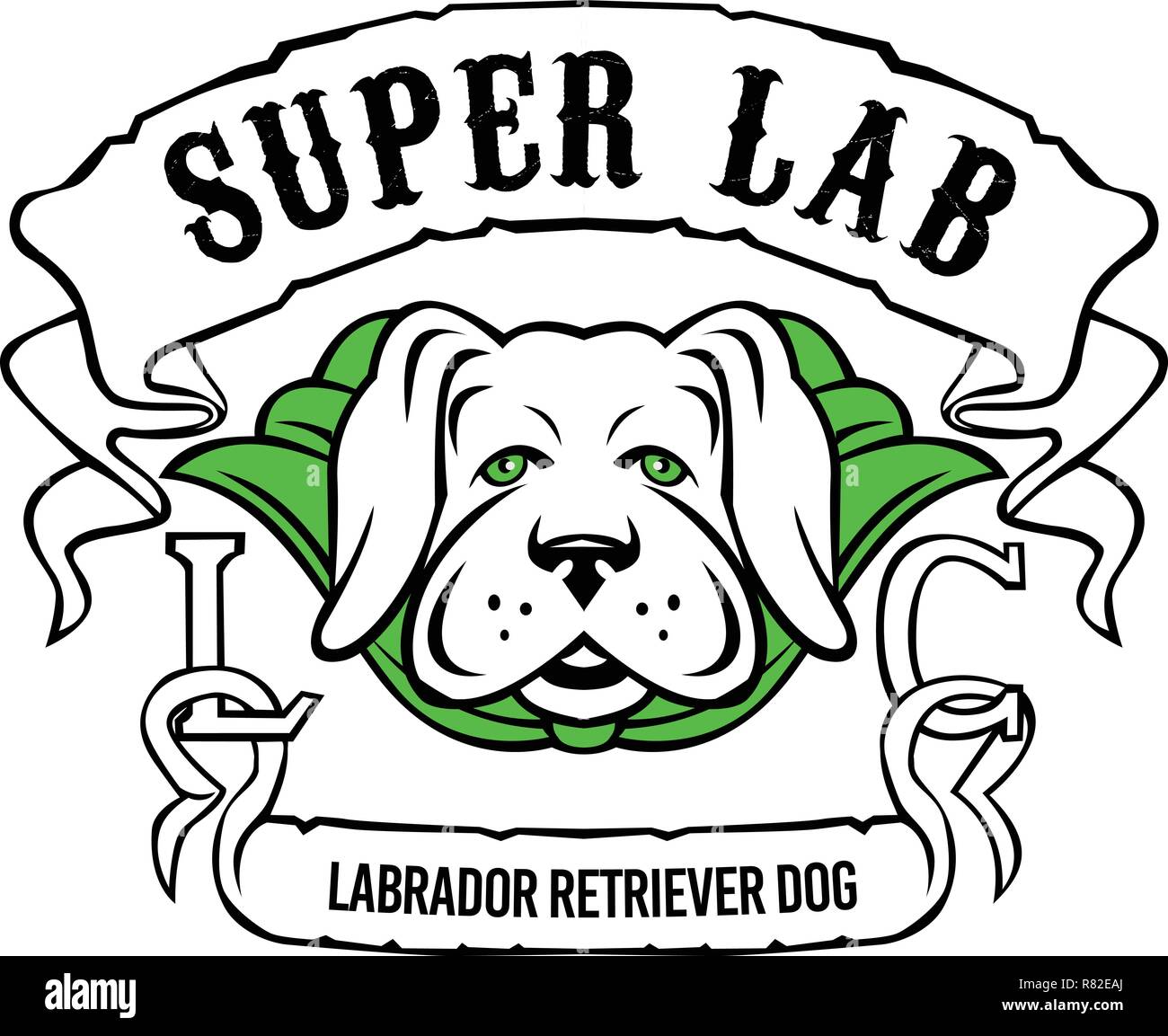 Motorcycle or biker gang style illustration of a super yellow labrador retriever dog wearing a green cape front view with ribbon or scroll with text S Stock Vector