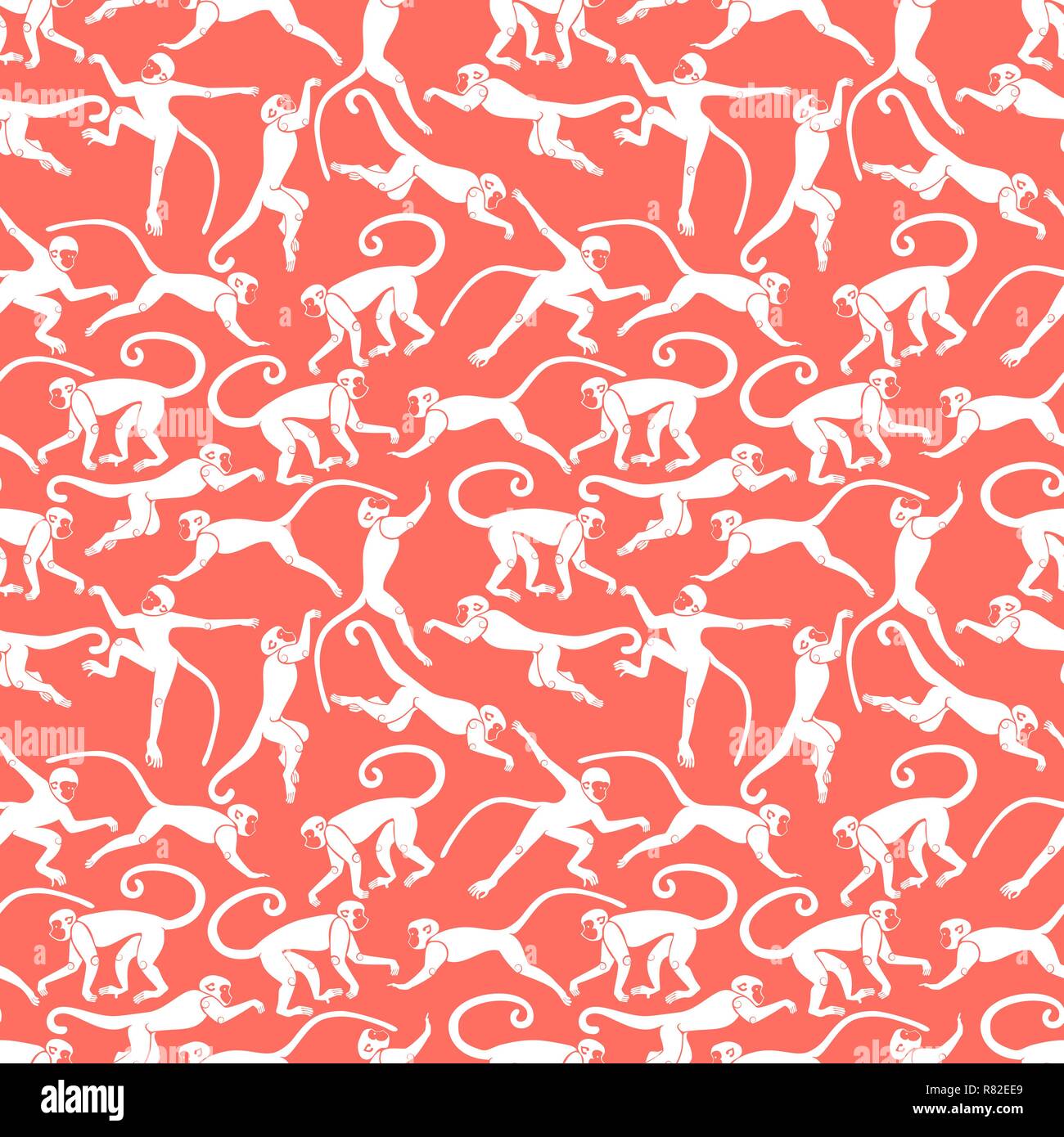White monkey on the coral background, seamless pattern Stock Vector