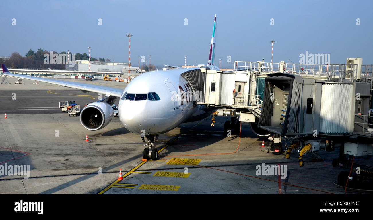 The interior of Malpensa, the biggest airport near Milano. 2018 Stock