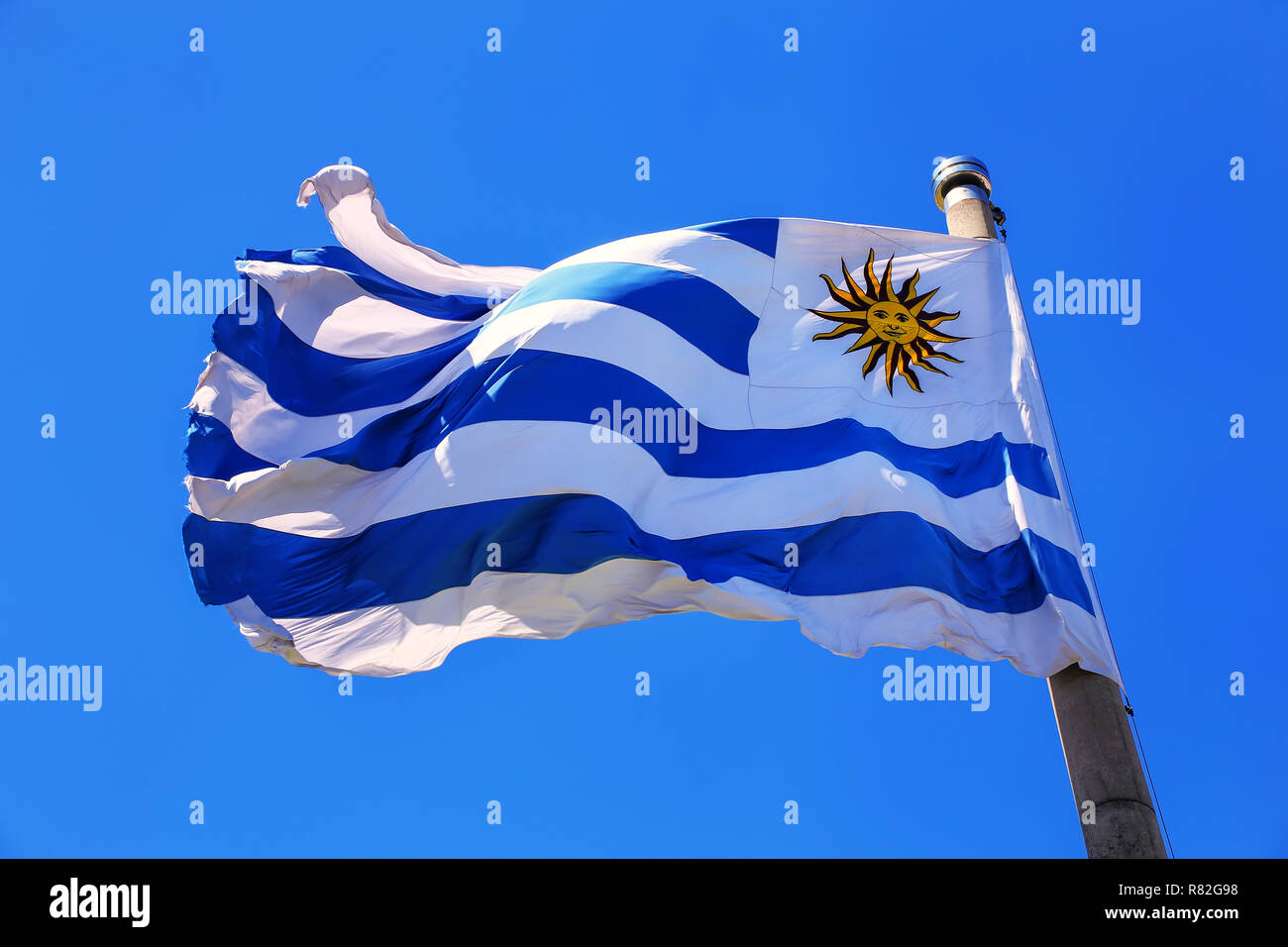 National flag of Uruguay flying in blue sky, Montevideo Stock Photo