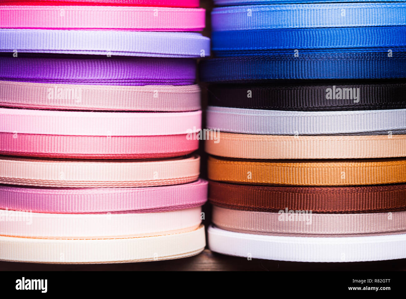 Multi Ribbon Bobbin Color ribbon bobbins top view close up Stock Photo - Alamy