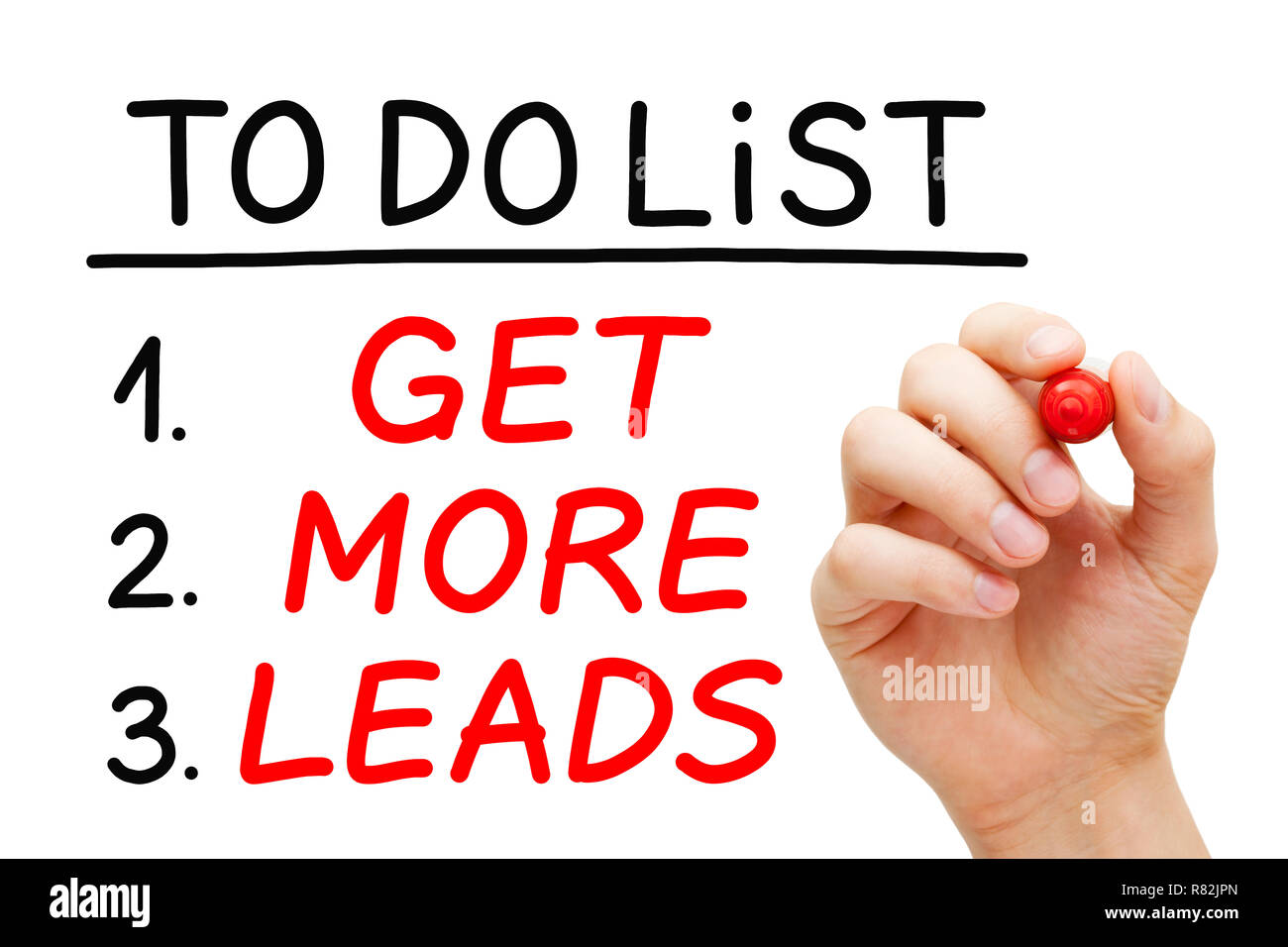 Hand writing Get More Leads in To Do List with red marker on transparent wipe board isolated on white. Leads generation concept. Stock Photo