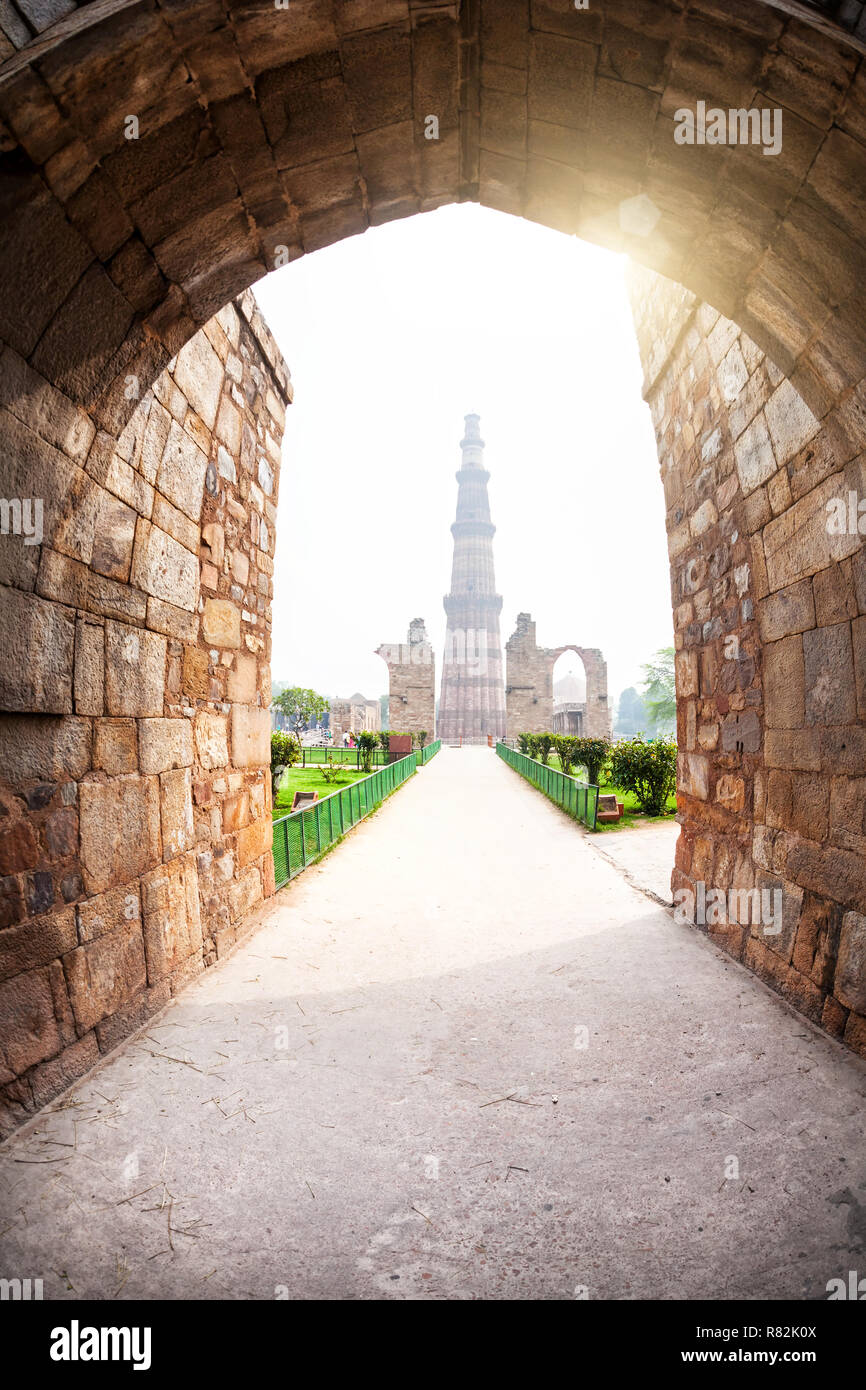Qutub Minar tower view from the arch in Delhi, India Stock Photo