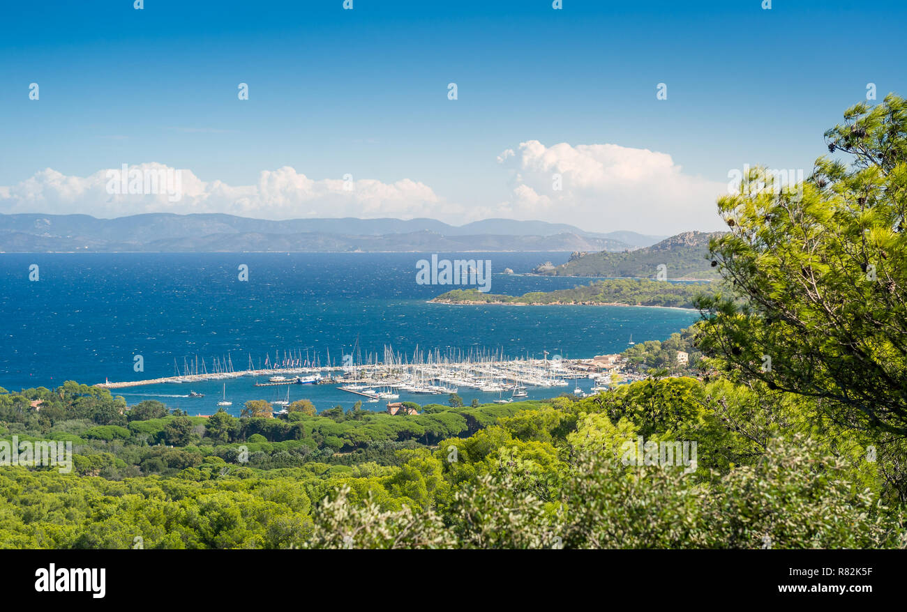 Porquerolles island and marina panoramic landscape, Provence Cote d'Azur, France Stock Photo
