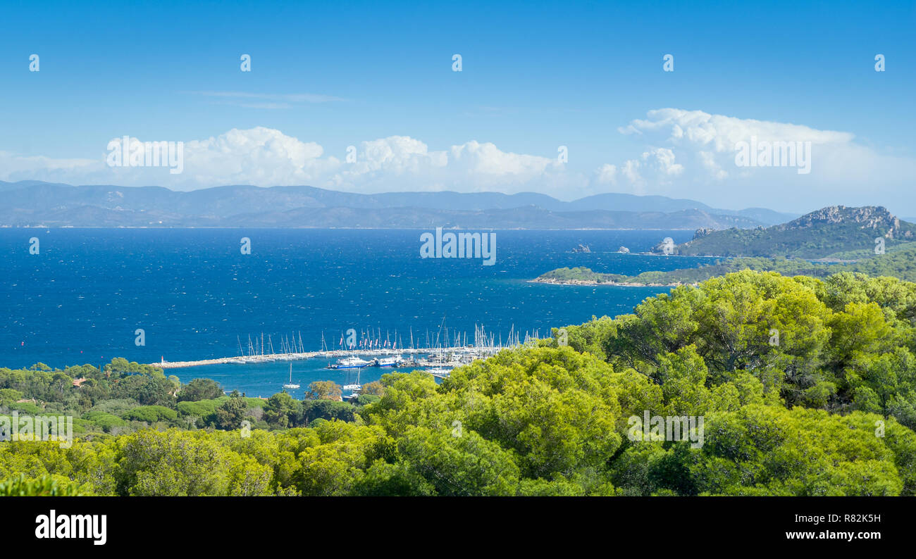 Porquerolles pipular touristic island at Provence Cote d'Azur, view of port bay. France Stock Photo