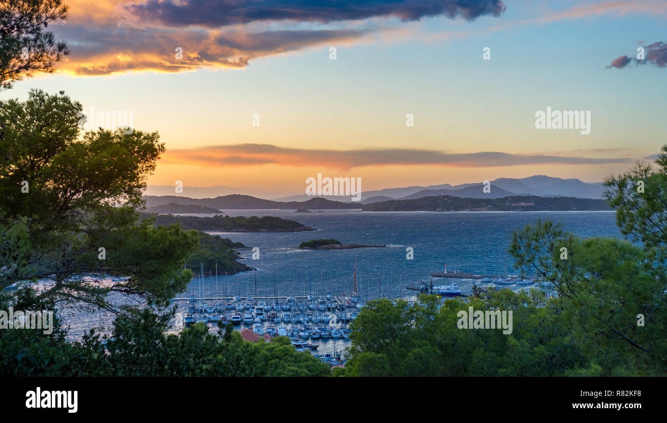 Sunset panoramic view from the fortress and museum of Porquerolles island. Provence Cote d'Azur, France Stock Photo