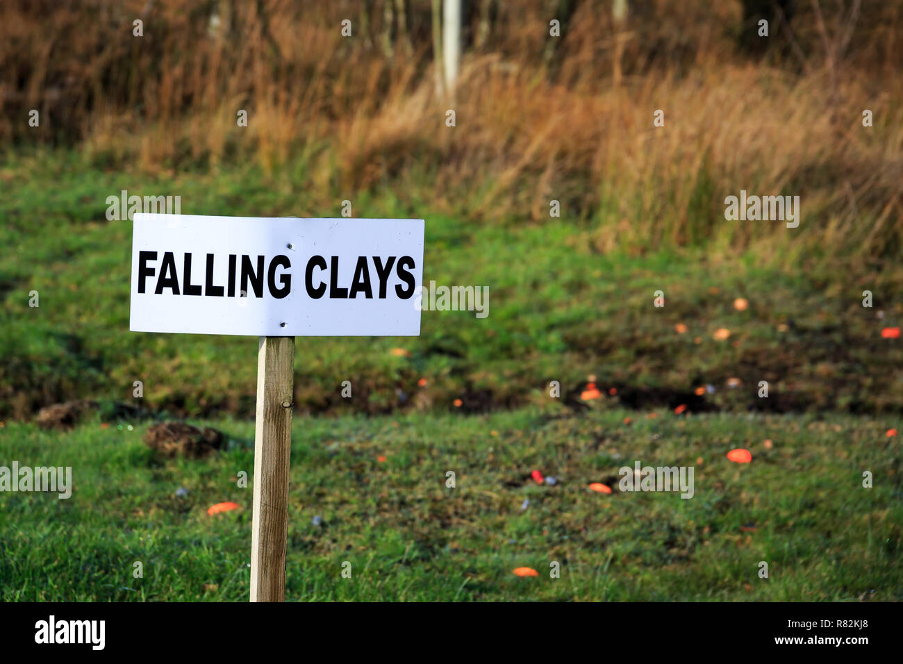 Falling Clays sign fitted to a wooden post at a shooting grounds Stock Photo