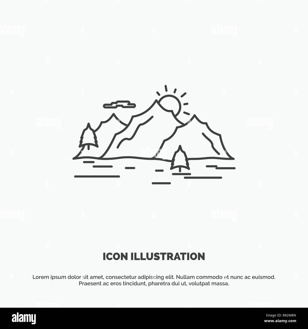 Mountain, hill, landscape, nature, tree Icon. Line vector gray symbol for UI and UX, website or mobile application Stock Vector